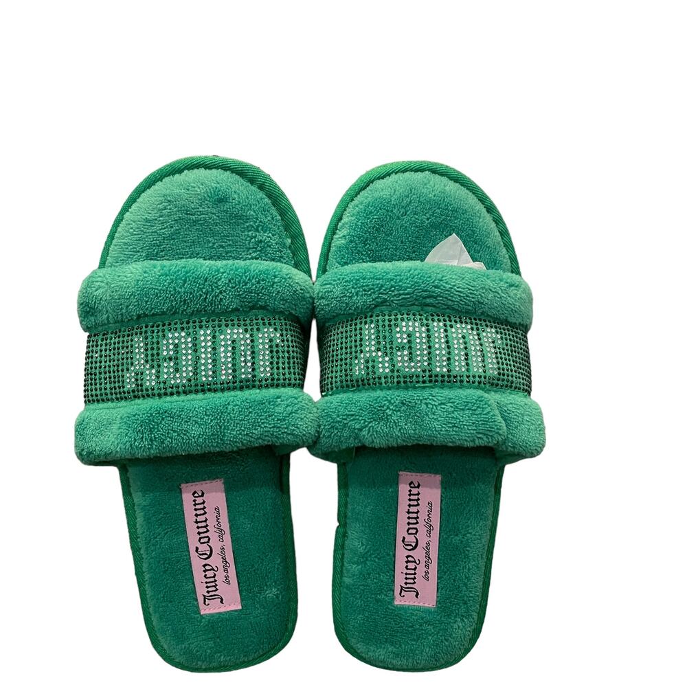 JUICY COUTURE Halo 2 Spring Kelly Green Terry Cloth Bling Slides Slippers S NEW